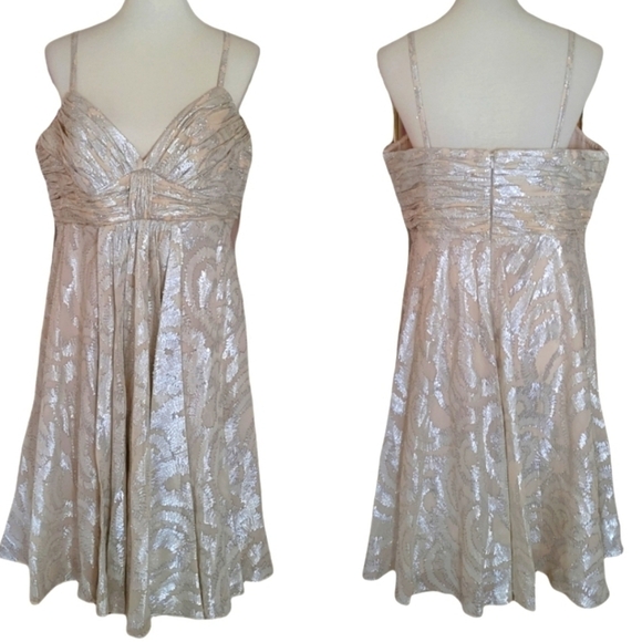 Vintage - 90's Ann Klein Silk Cream & Silver Metallic Baby Doll Dress - Picture 1 of 8